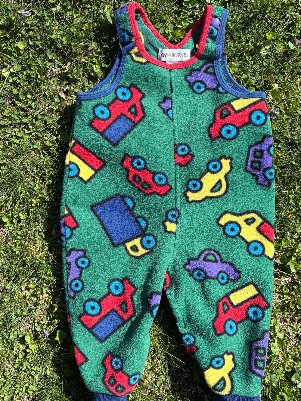 VTG Gymboree Green Fleece Overalls with Multicolor Car Print and Red Trim